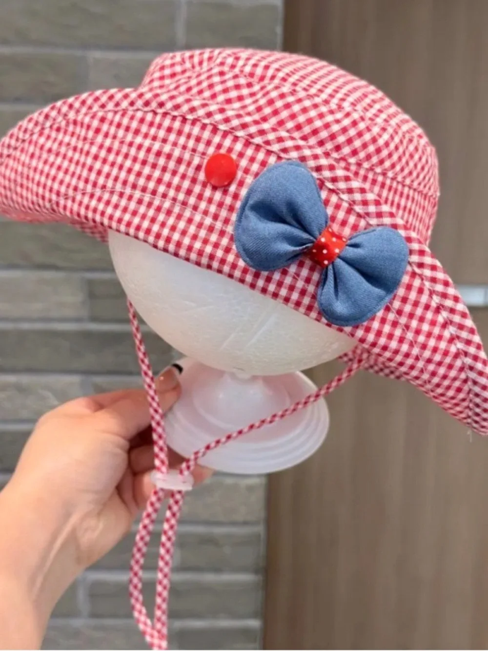 Red Gingham Sun Hat with Blue Bow